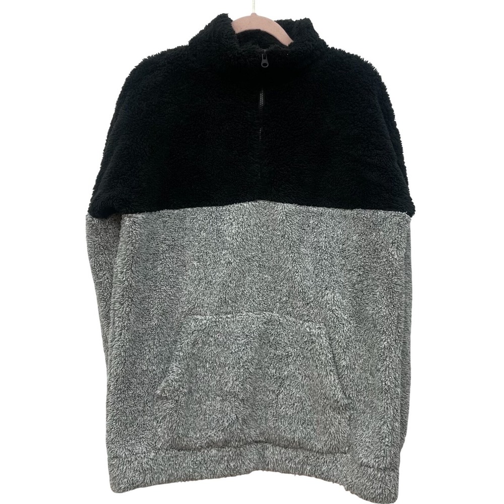 Zenana Womens Small Sherpa Pullover Gray Black Colorblock Teddy Fleece 1/4 Zip